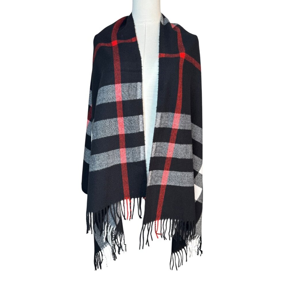 2/$30 New Cashmere Blend Plaid Black Red White Shawl Wrap With Fringe